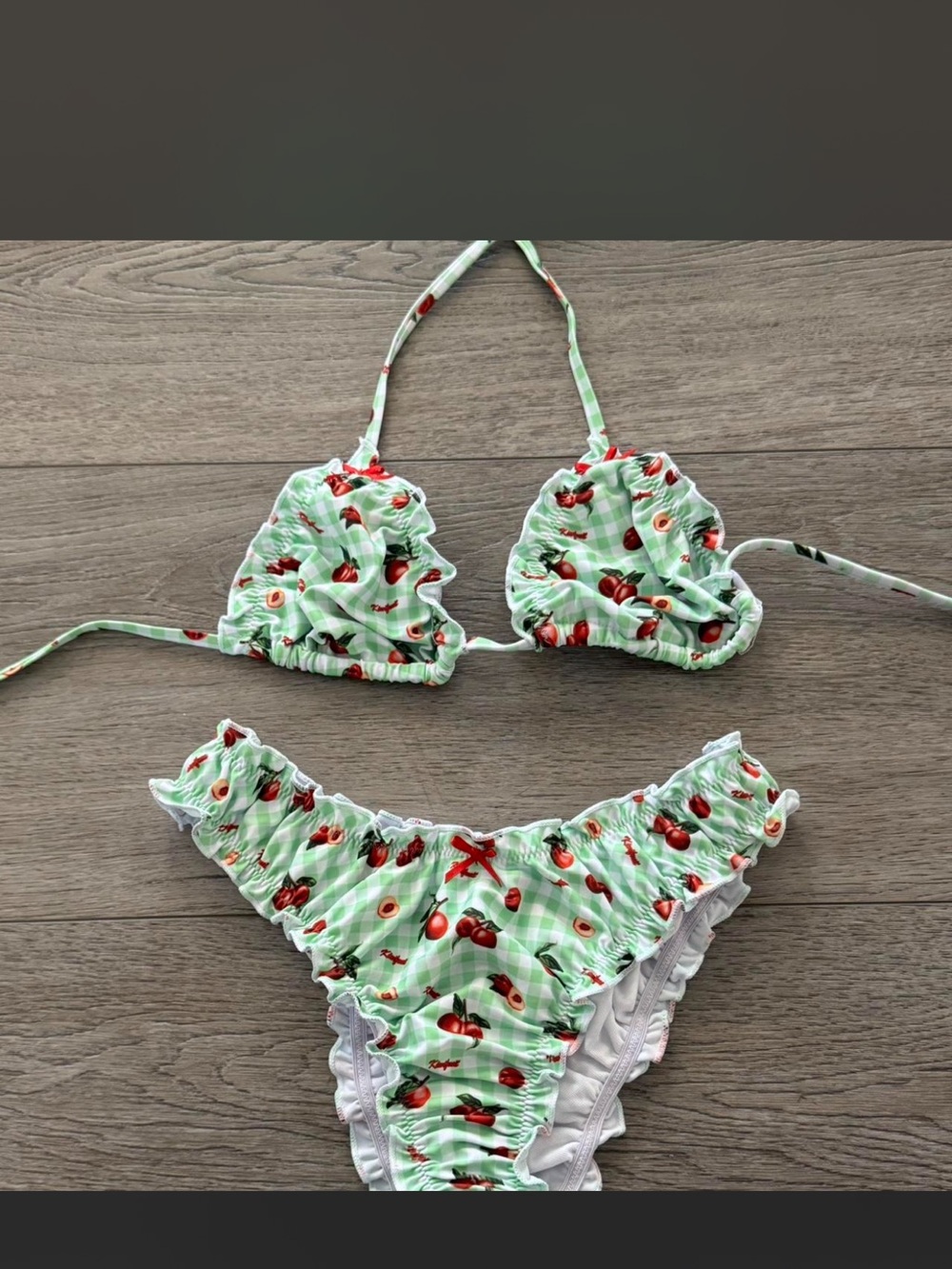 Peach Print Ruffle Bikini Set in Mint Gingham